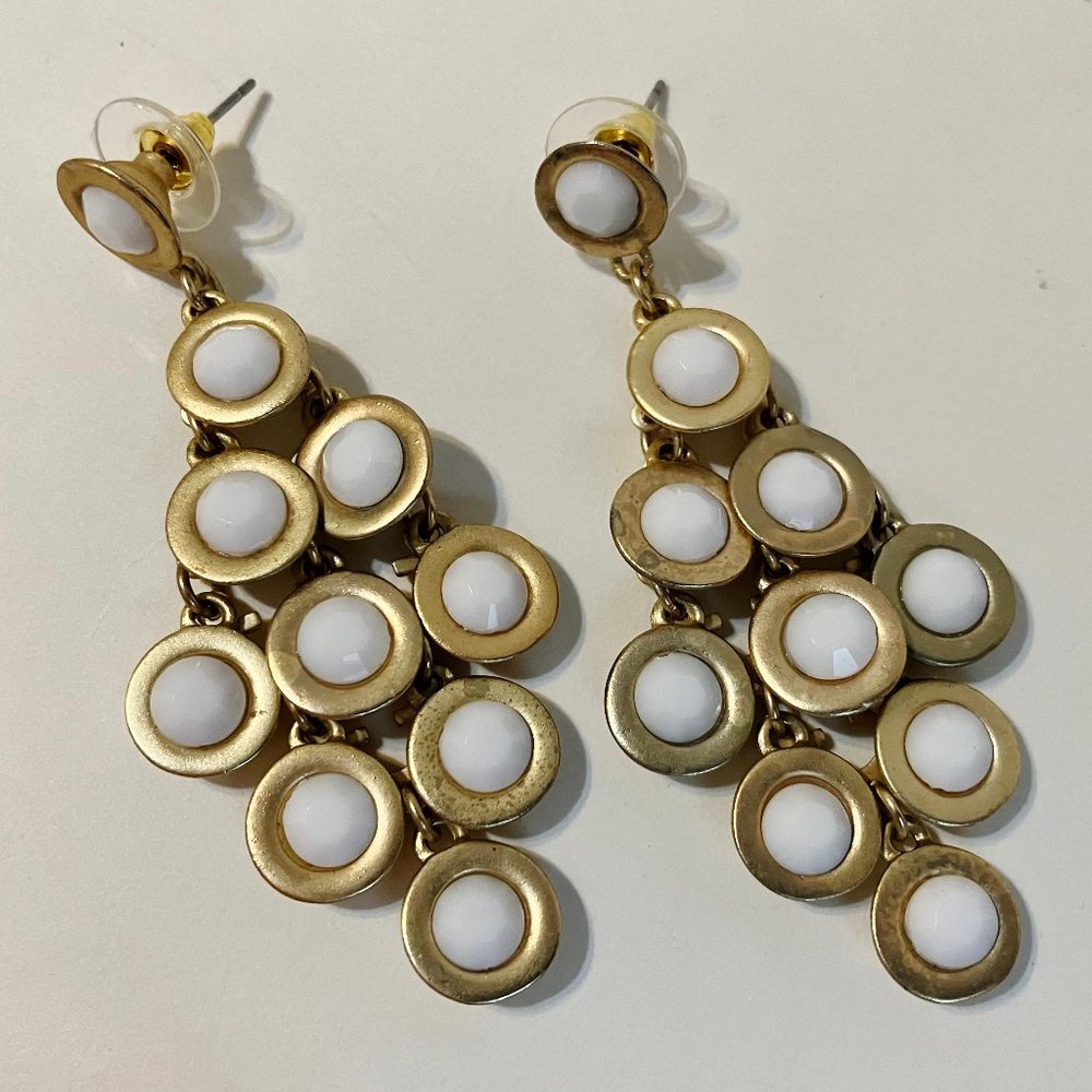 White Stone Earrings Gold Tone Metal Multi Tiers Chandelier Pierced Dangle